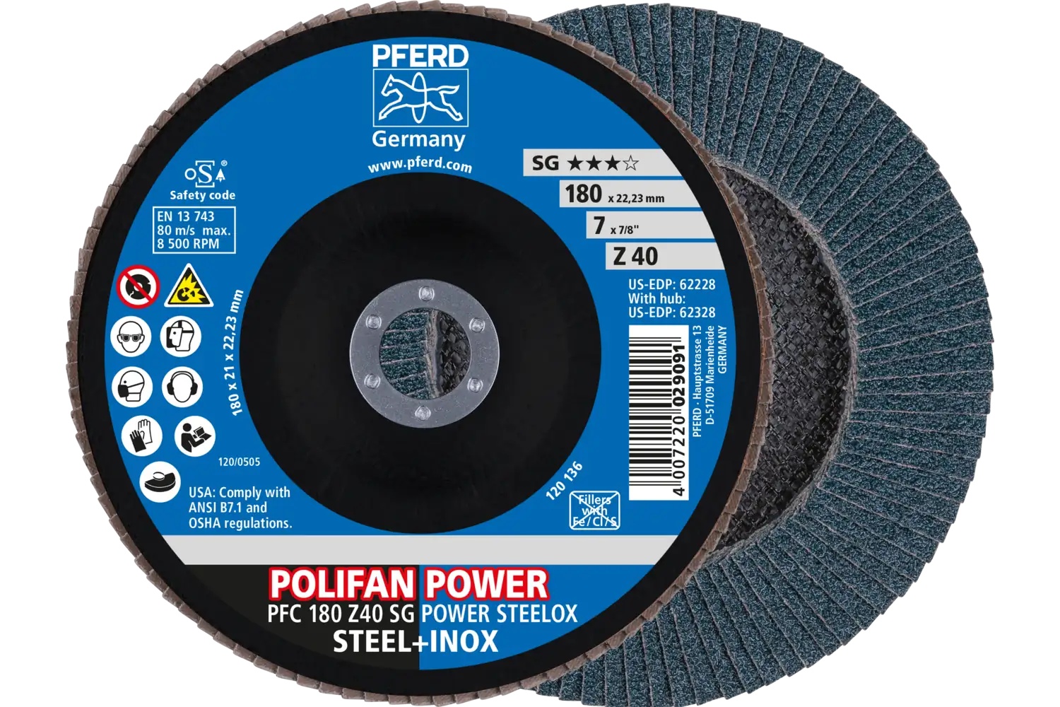 Picture of Pferd Flap Disc, 7" x 7/8, Z SG Power Steelox, 40 Grit, T29, Conical, Zirconia